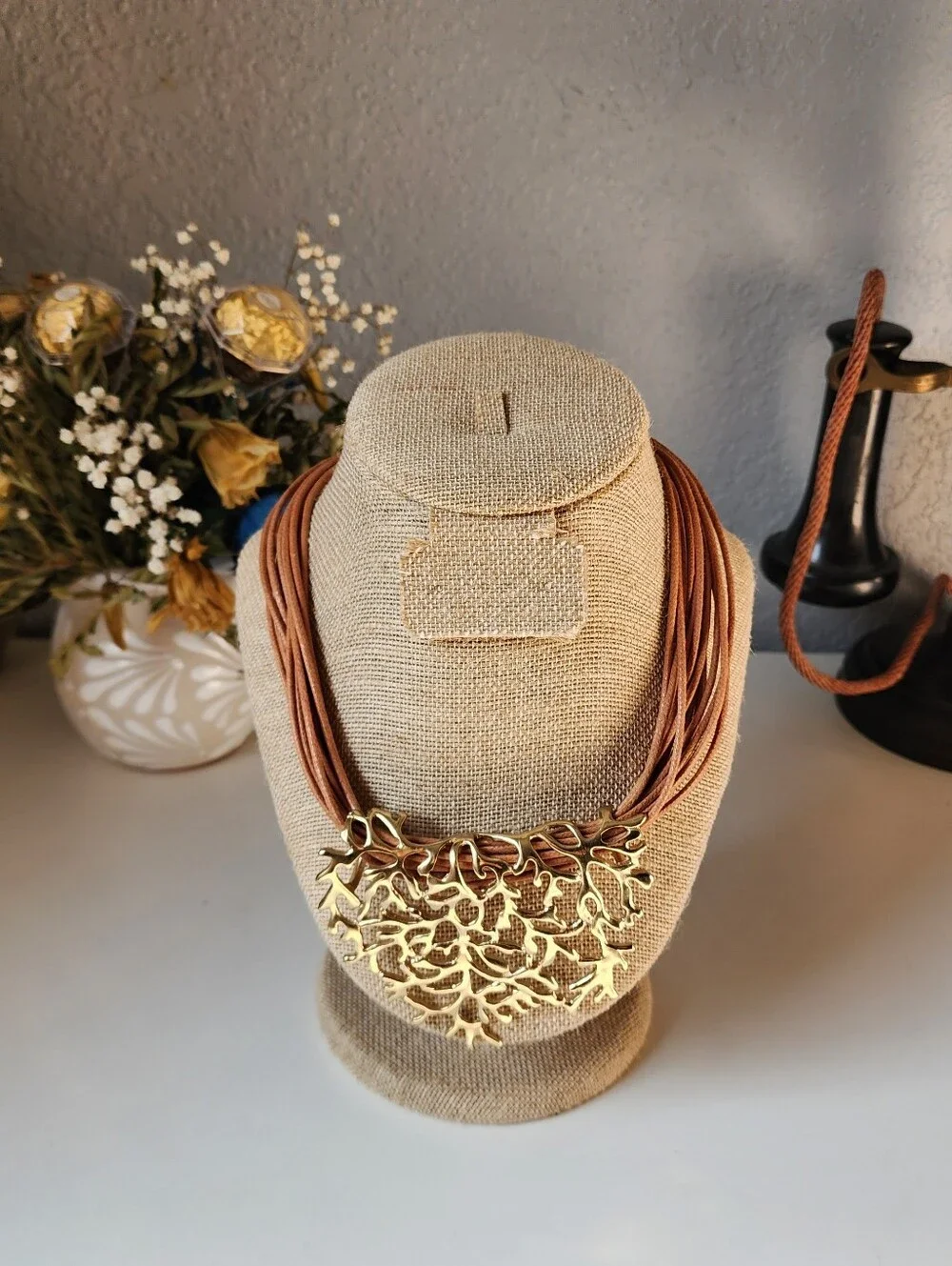 Statement Necklace Coral Branch Design Gold Tone Multi Strand Cord Bold Boho